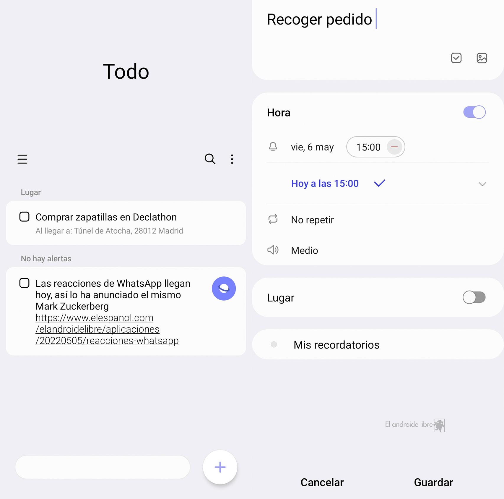 La pantalla principal y creación de un recordatorio de Reminder