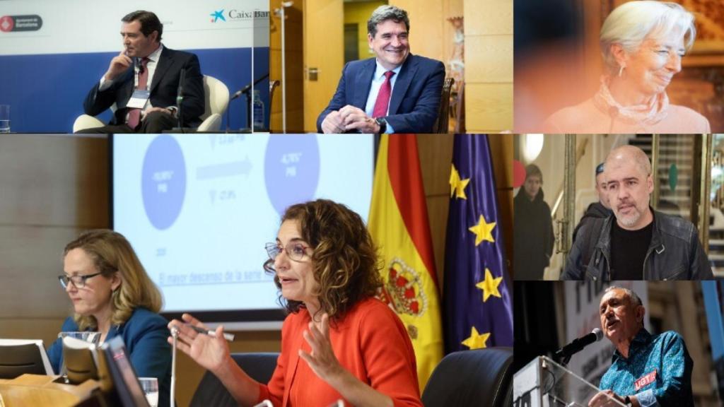 Antonio Garamendi, José Luis Escrivá, Christine Lagarde, Nadia Calviño, María Jesús Montero, Unai Sordo y Pepe Álvarez.