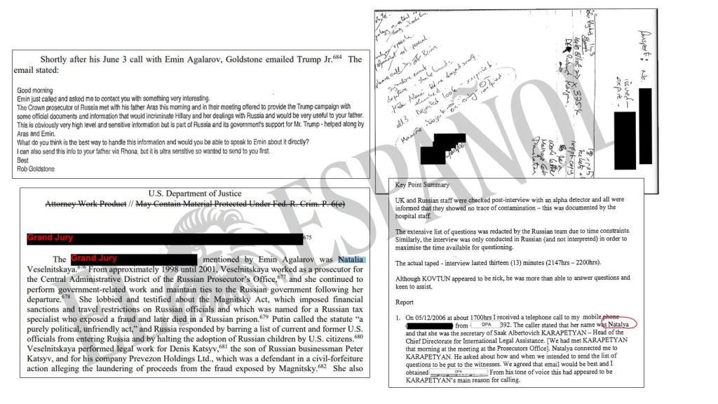A la izquierda, investigación sobre Trump. A la derecha, documentos británicos sobre Natalya Veselnitskaya.