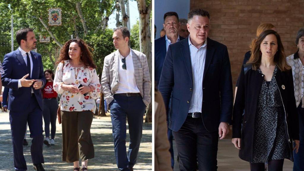 Fotomontaje con Alberto Garzón, Inmaculada Nieto y Toni Valero (IU), a la izquierda, y Juan Antonio Delgado e Ione Belarra (Podemos) a la derecha.