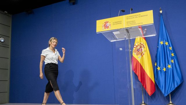 Yolanda Díaz, vicepresidenta segunda, durante una rueda de prensa este viernes.