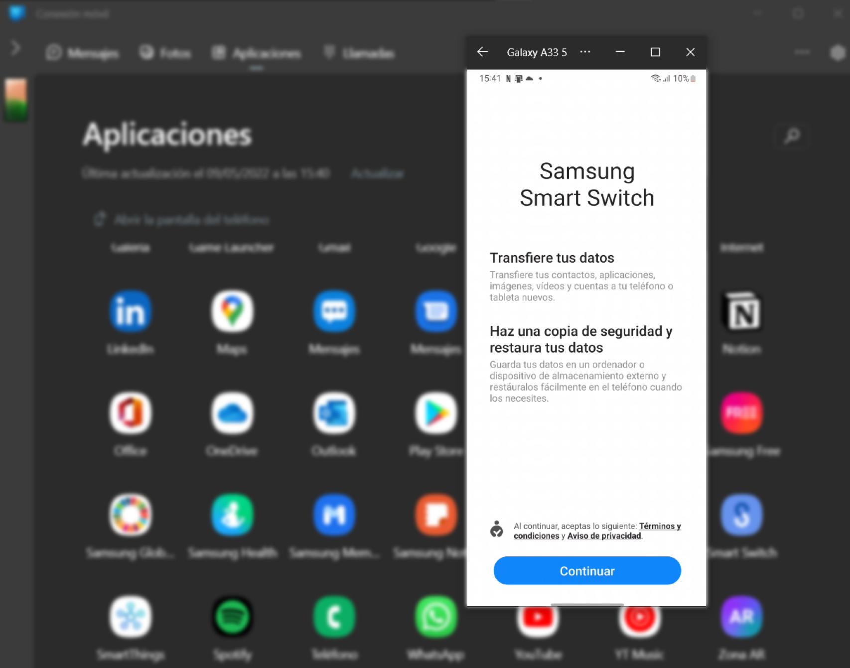 Aplicación de Samsung en el PC