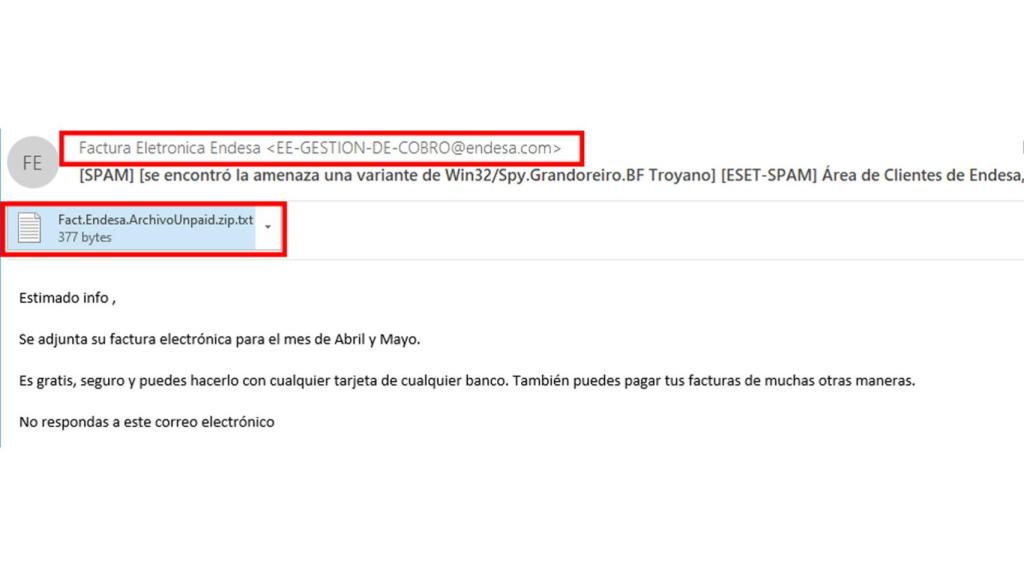 Correo electrónico en cuestión, que oculta el troyano.