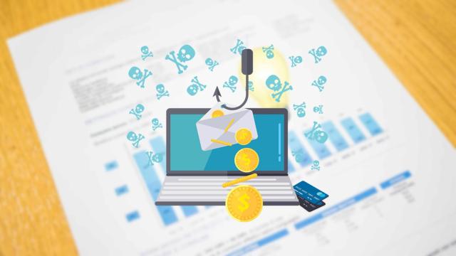 Fotomontaje con una ilustración referenciando a un ataque phishing y una factura de la luz.