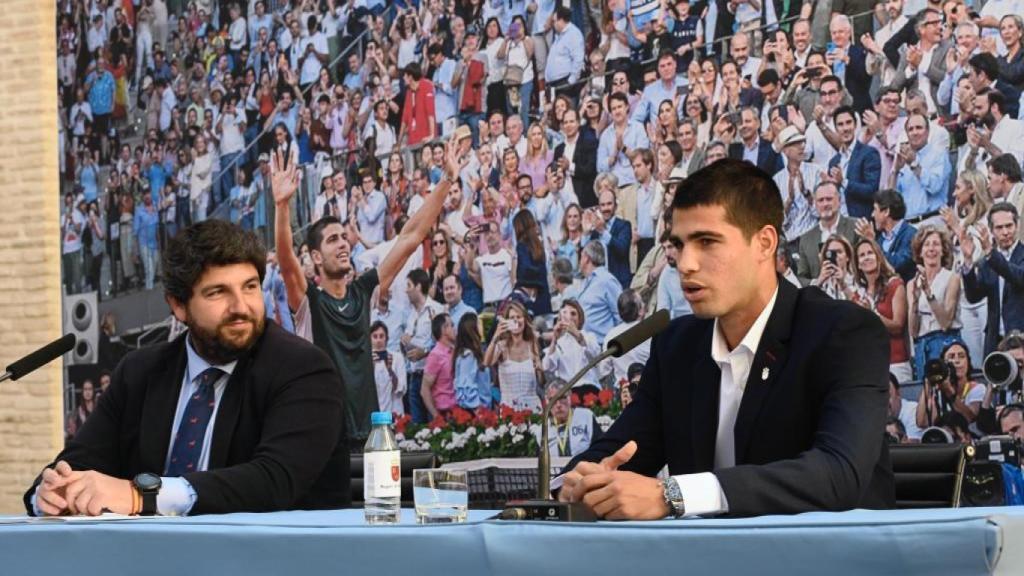 El presidente de la Región de Murcia, Fernando López Miras, este martes, en la recepción al tenista Carlos Alcaraz, en el Palacio de San Esteban.