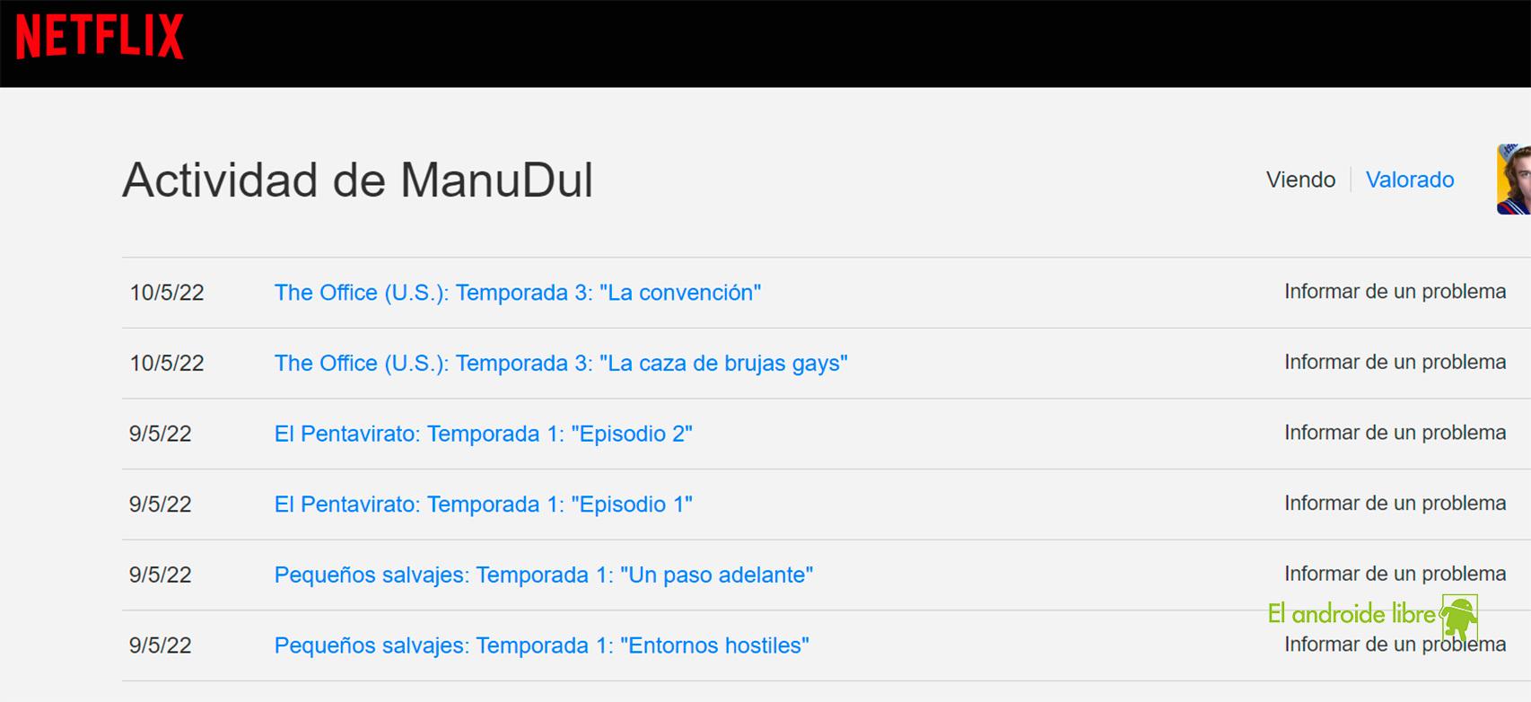 Actividad de visionado en Netflix