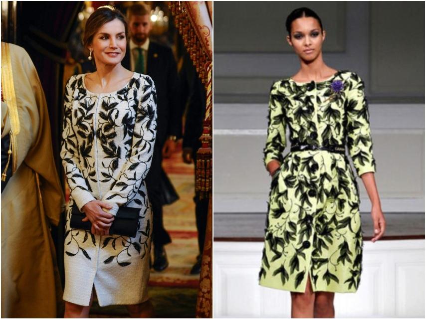 Letizia, con vestido de Felipe Varela (2018) y una modelo desfilando uno de Oscar de la Renta (2010).