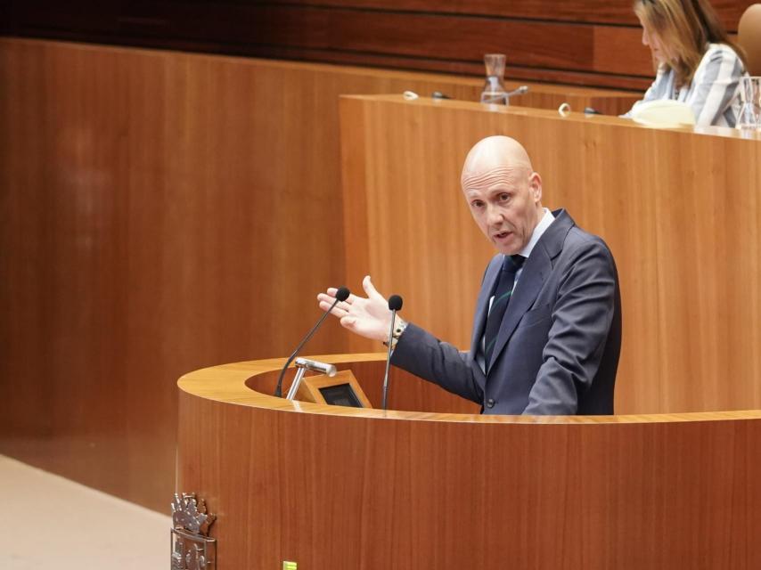 El portavoz de Vox, Carlos Menéndez, durante su intervención en el pleno de las Cortes, este miércoles.