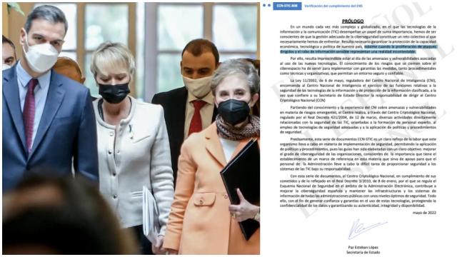 La exdirectora del CNI, junto a Pedro Sánchez. A la derecha, su último documento.