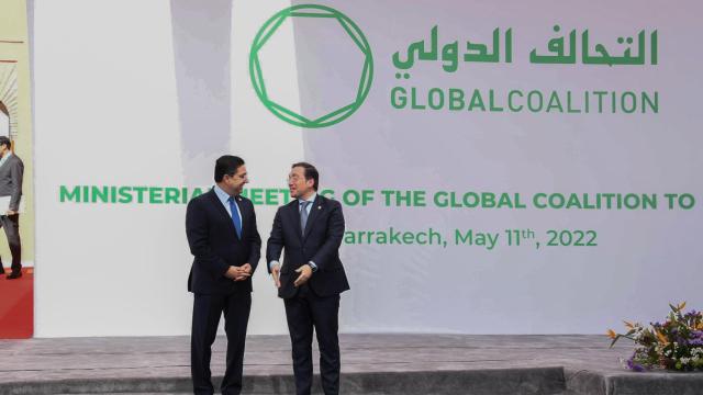 El ministro de Exteriores marroquí, Naser Burita, recibe a su homólogo español, José Manuel Albares, en Marrakech.