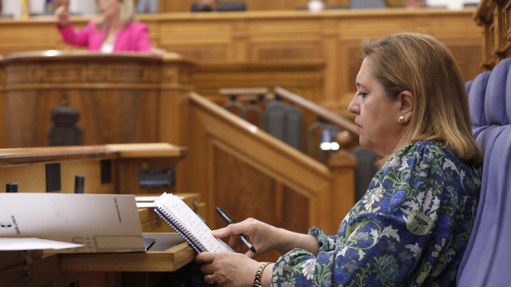 La consejera de Educación, Cultura y Deportes Rosa Ana Rodríguez en su escaño durante la intervención de Lola Merino.