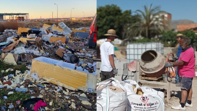 La zona de la barriada, como vertedero ilegal a la izquierda y reconvertida en zona comunitaria a la derecha.