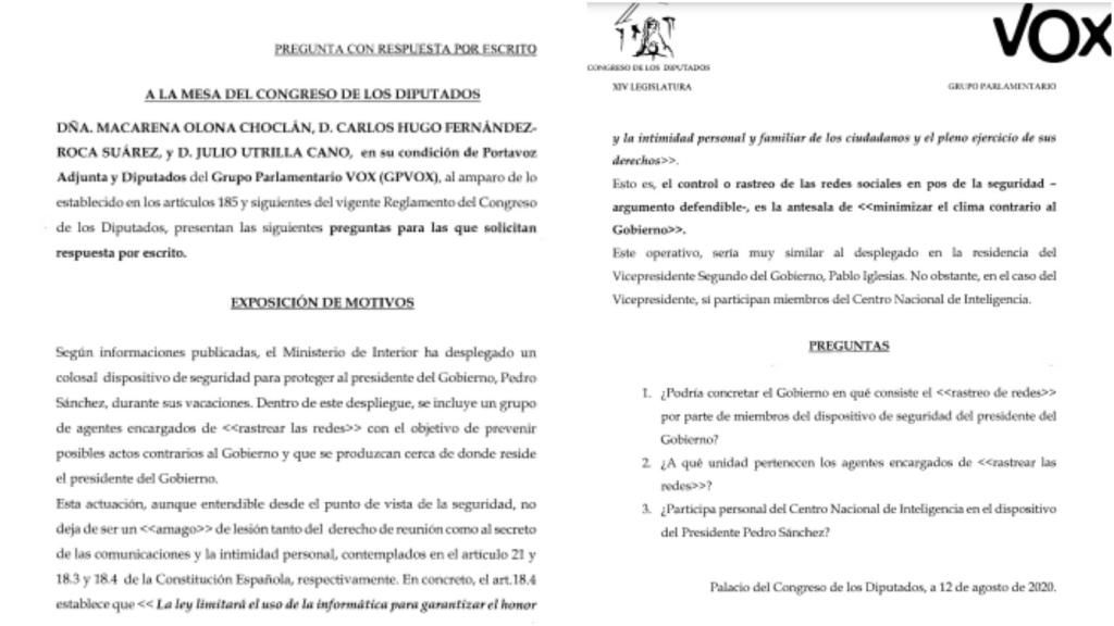Pregunta que Vox lanzó al Gobierno en 2020.
