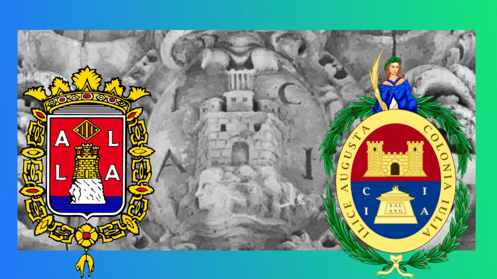 Escudos en el Ayuntamiento de Alicante con las siglas IACI, Illice Augusta Colonia Iulia, de Elche.