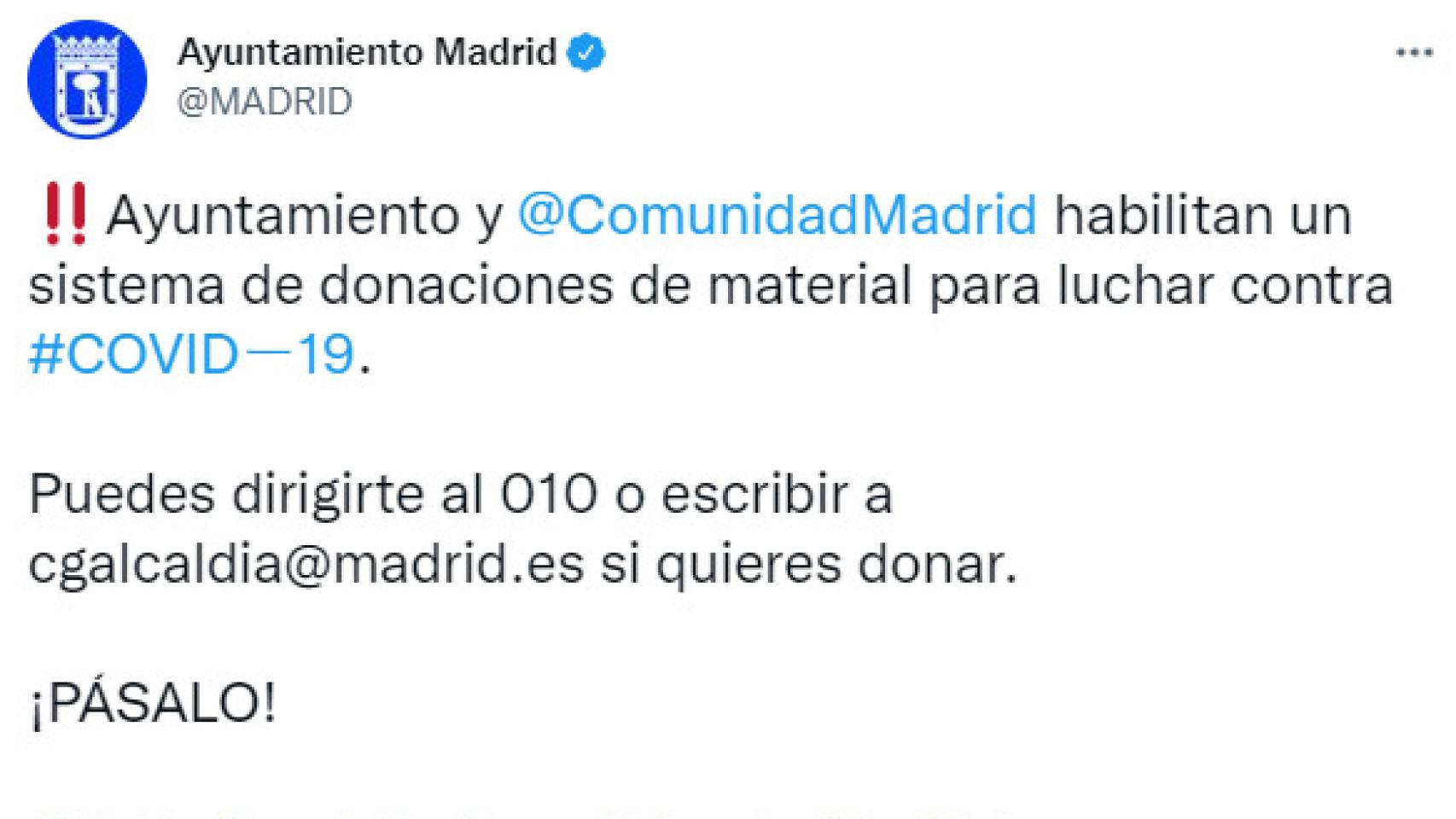 Tuit del Ayuntamiento de Madrid del 22 de marzo de 2020.