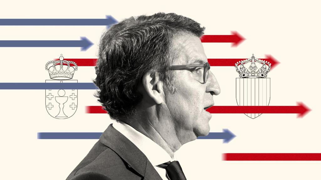 Ilustración del presidente del PP, Alberto Núñez Feijóo, junto a los escudos de Galicia y Cataluña.