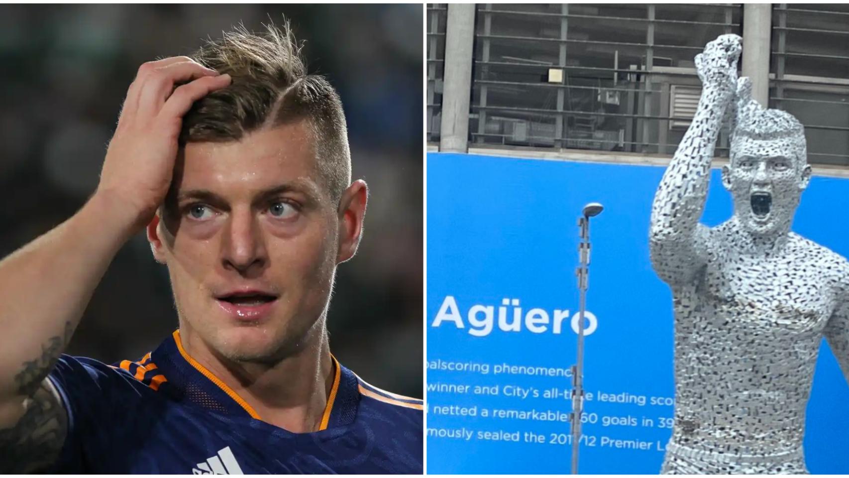 Toni Kroos y la estatua de Sergio 'Kun' Agüero en el Etihad Stadium