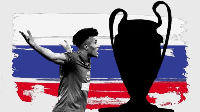 Un jugador del CSKA, el trofeo de la Champions League y los colores de la bandera rusa, en un fotomontaje.