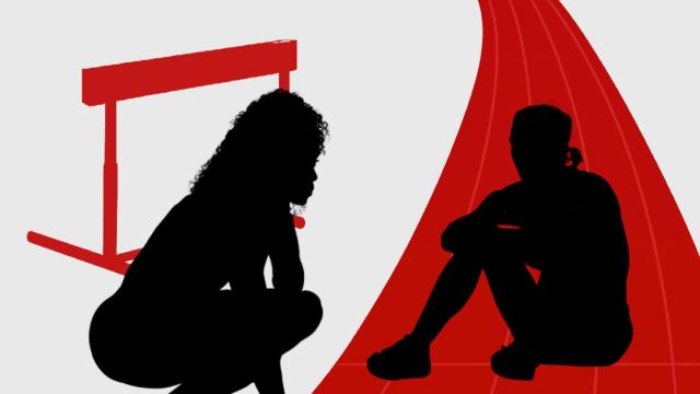 Dos deportistas de alto nivel, una pista de atletismo y una valla, en un fotomontaje.