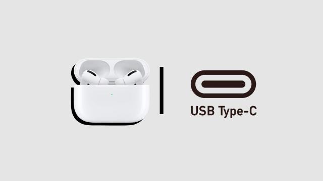 AirPods Pro junto al logo de USB-C en un fotomontaje.