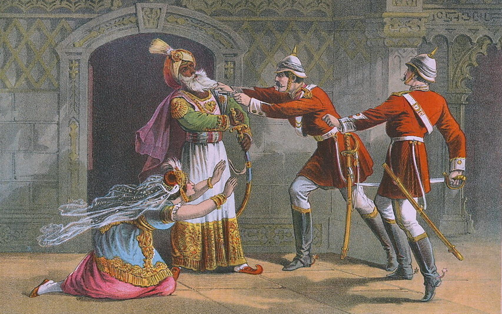 Versión dramatizada de la captura de Zafar por los hombres de Hodson, según un grabado de la época.