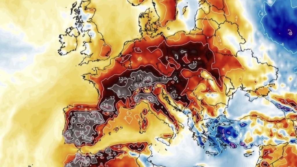 Anomalías de temperaturas en Europa Occidental durante este episodio de calor. WXCHARTS.