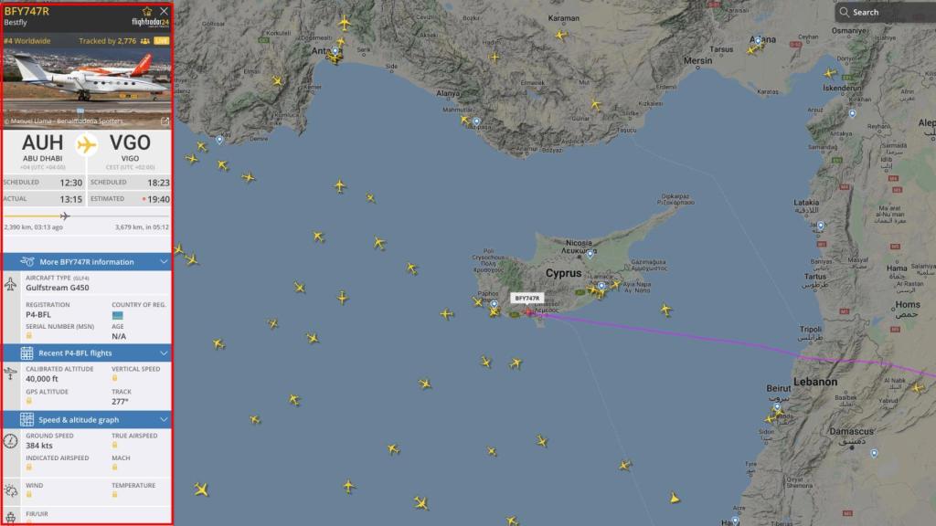 Captura de Flightradar24 con los datos de vuelo del emérito.