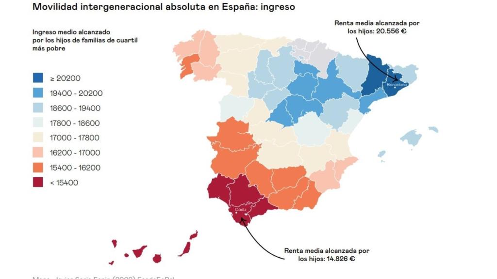 Mapa de la renta de los jóvenes que provienen de familias con menos ingresos.