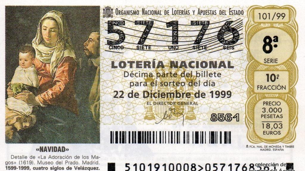 Billete de lotería de Navidad de 1999 con el precio en pesetas y euros. Al final acabó costando 20 euros.