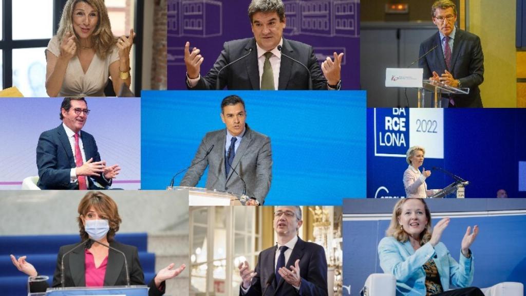 Yolanda Díaz, José Luis Escrivá, Alberto Núñez Feijóo, Antonio Garamendi, Pedro Sánchez, Ursula von der Leyen, María Dolores Delgado, Pablo Hernández de Cos y Nadia Calviño.