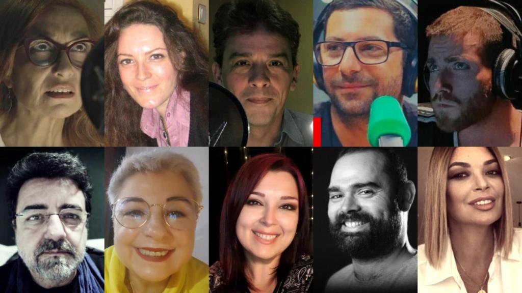 Los actores y actrices que doblan en español a los personajes de 'Tierra amarga', de izquierda y derecha y de arriba abajo: Mercedes Hoyos (Şermin), Lola Álvarez (Züleiah), Jorge Tomé (Demir), Pablo Domínguez (Yılmaz), Andreu López (Fikret), Luis Fernando Ríos (Fekeli), Ángeles Neira (Hünkar), Silvia Nuño (Saniye), José Meco (Gaffur) y Lucía Hoyos (Hammine).