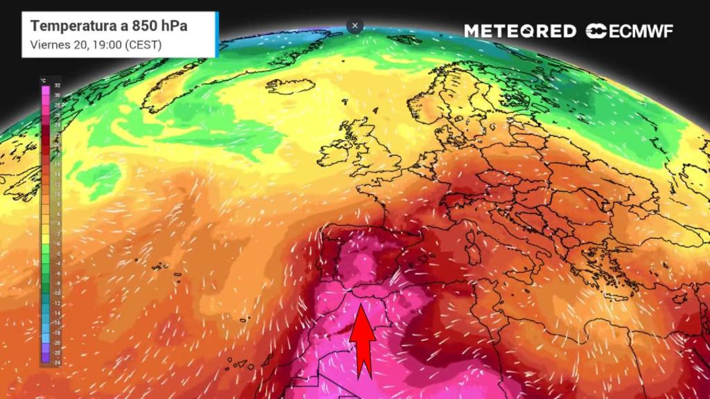 Las masas de aire sahariano alcanzando España. METEORED.