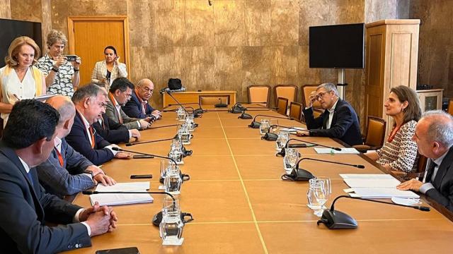 El presidente del Sindicato Central de Regantes del Trasvase Tajo-Segura, Lucas Jiménez, y la ministra para la Transición Ecológica, Teresa Ribera, en una reunión mantenida en Madrid.