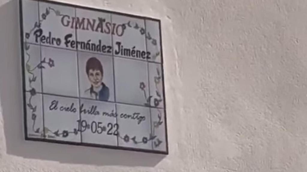 La placa que han instalado en la puerta del gimnasio.