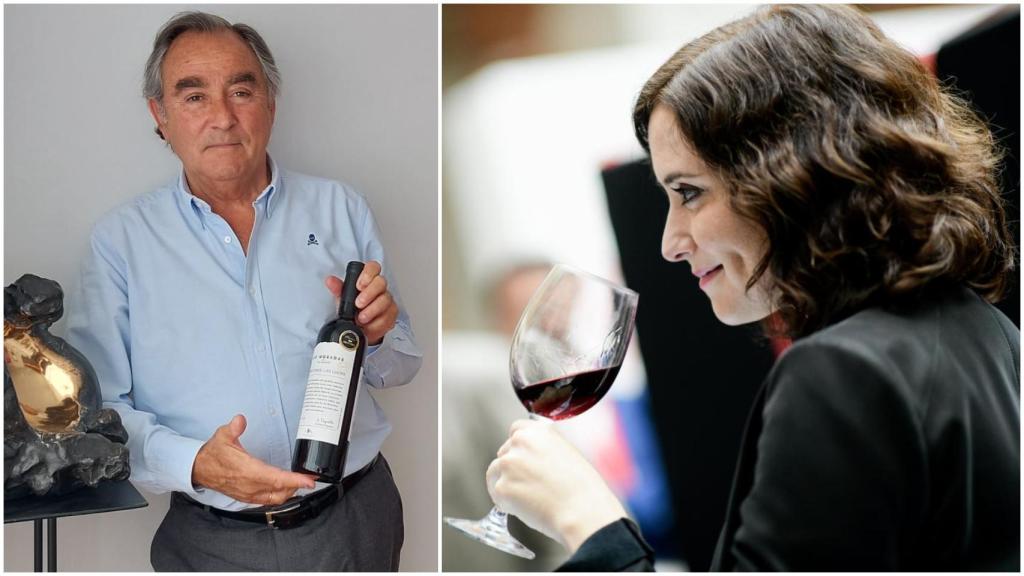 A la izquierda, Luis Nozaleda con una botella del vino Libro Once.Las Luces y, a la derecha, Díaz Ayuso con una copa de vino.