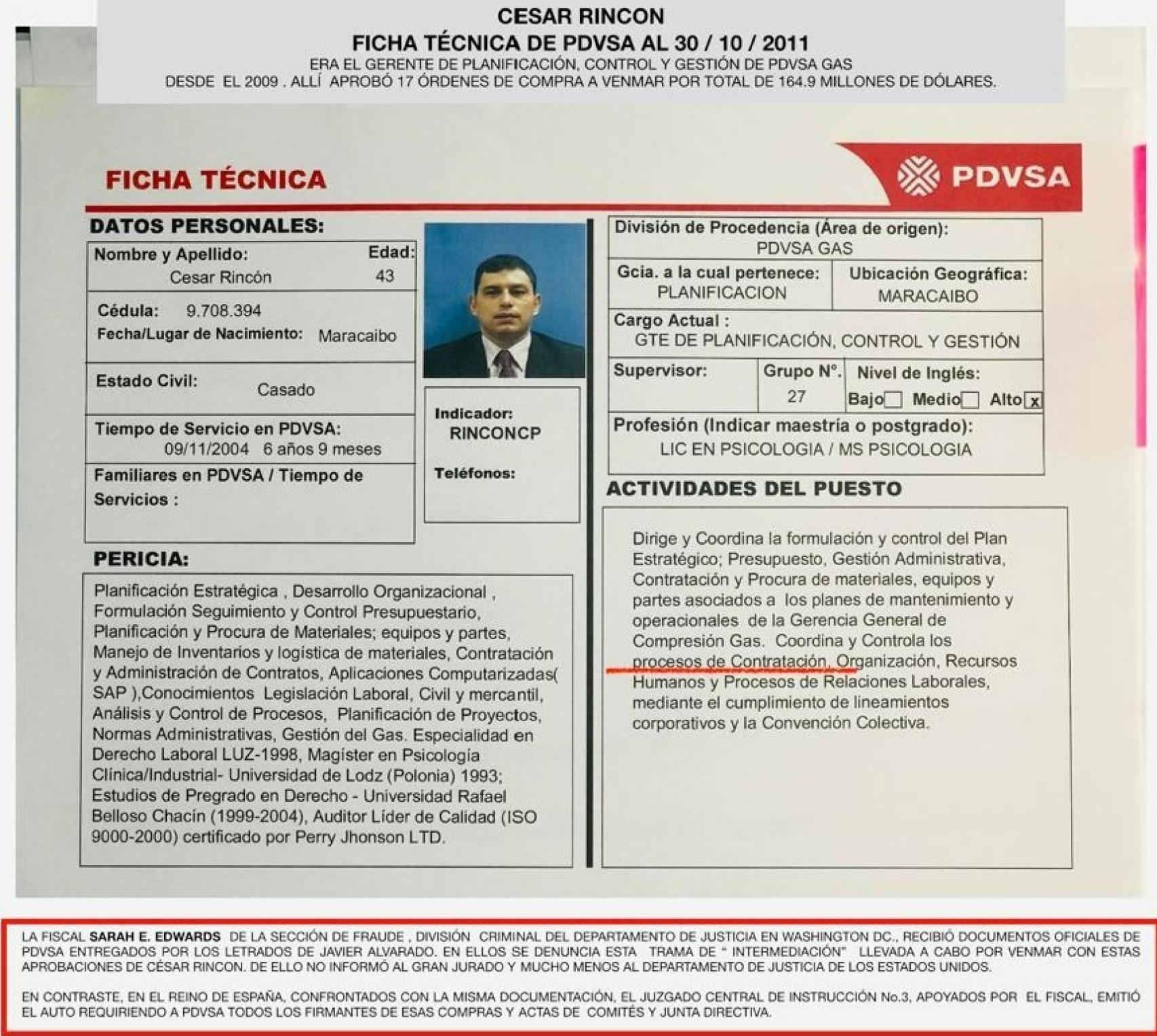 Ficha de César Rincón Godoy (hoy en prisión en EEUU) como directivo de PDVSA.
