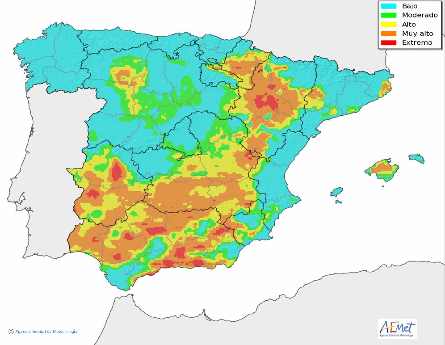 Niveles de riesgo de incendios forestales.