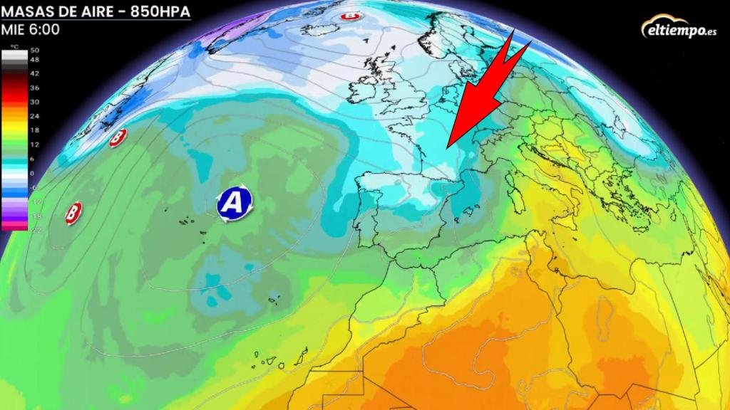 La vaguada de aire frío penetrando en la Península. Eltiempo.es