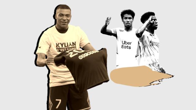 Kylian Mbappé, Boubacar Kamara y Aurélien Tchouaméni, en un fotomontaje.