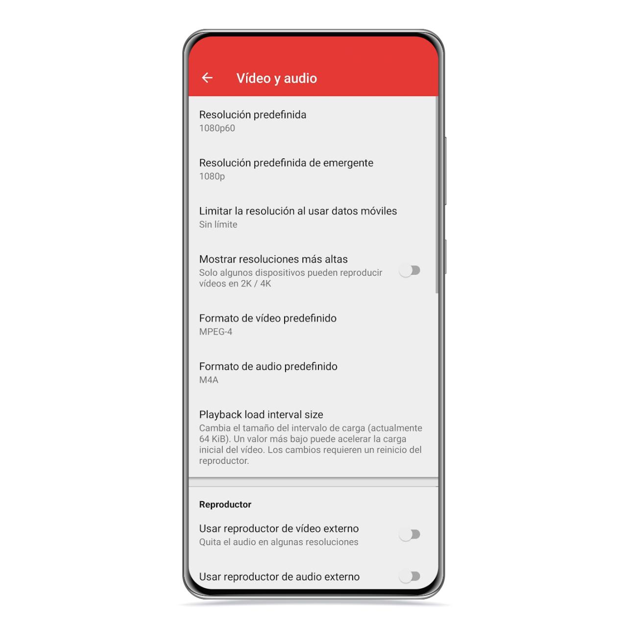 Ajustes de vídeo y audio en NewPipe
