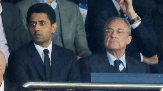 Nasser Al-Khelaifi y Florentino Pérez, durante un partido.