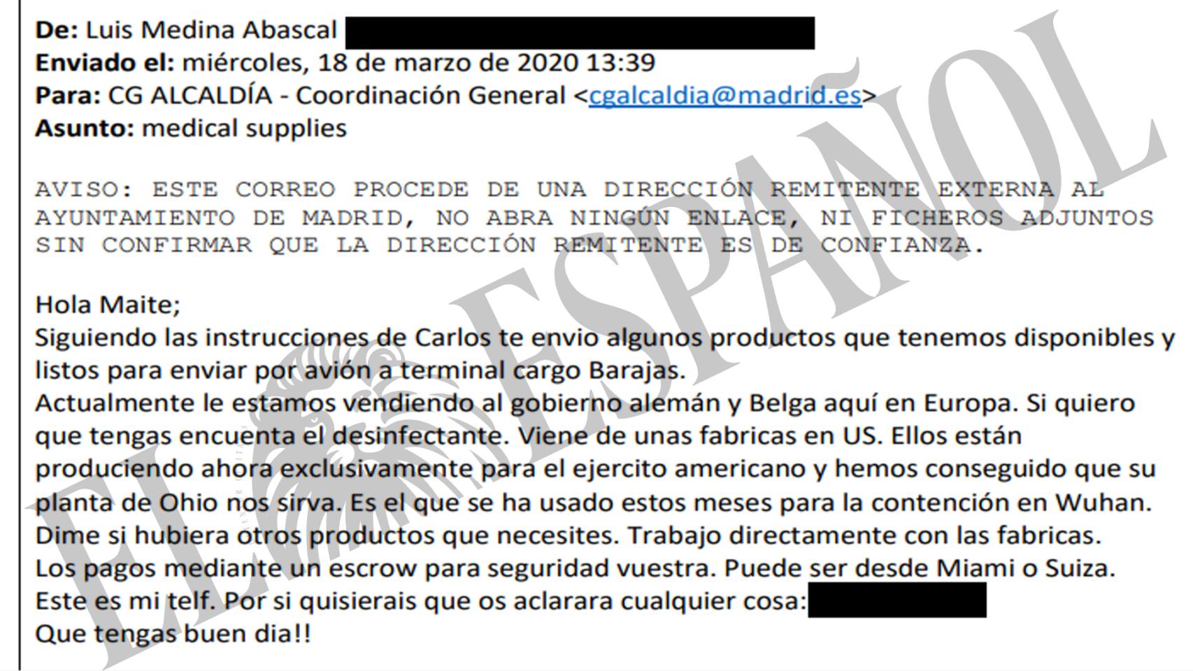 El primero de los correos enviado por Luis Medina a la Coordinación General de la Alcaldía de Madrid.