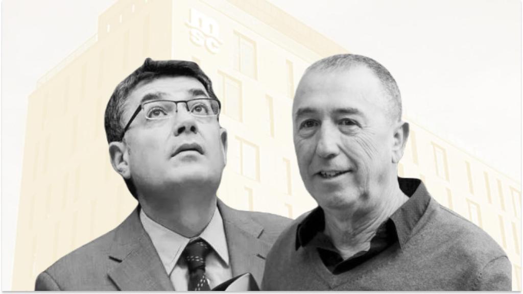 Enric Morera y Joan Baldoví. En segundo plano, la sede en Valencia de la naviera europea MSC. EE