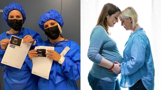 Yolanda (izq.) y Lidia (dcha.) mostrando su primera ecografía. A la derecha, Yolanda embarazada de varios meses.