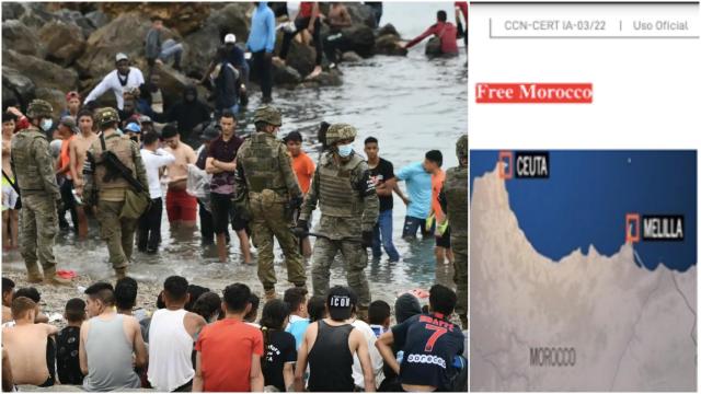 El Ejército atiende inmigrantes en Ceuta en mayo de 2021. A la derecha, el informe del CNI.