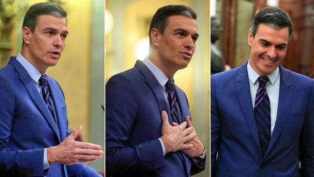 El presidente Pedro Sánchez, este jueves en distintos momentos de su comparecencia en el Congreso de los Diputados.