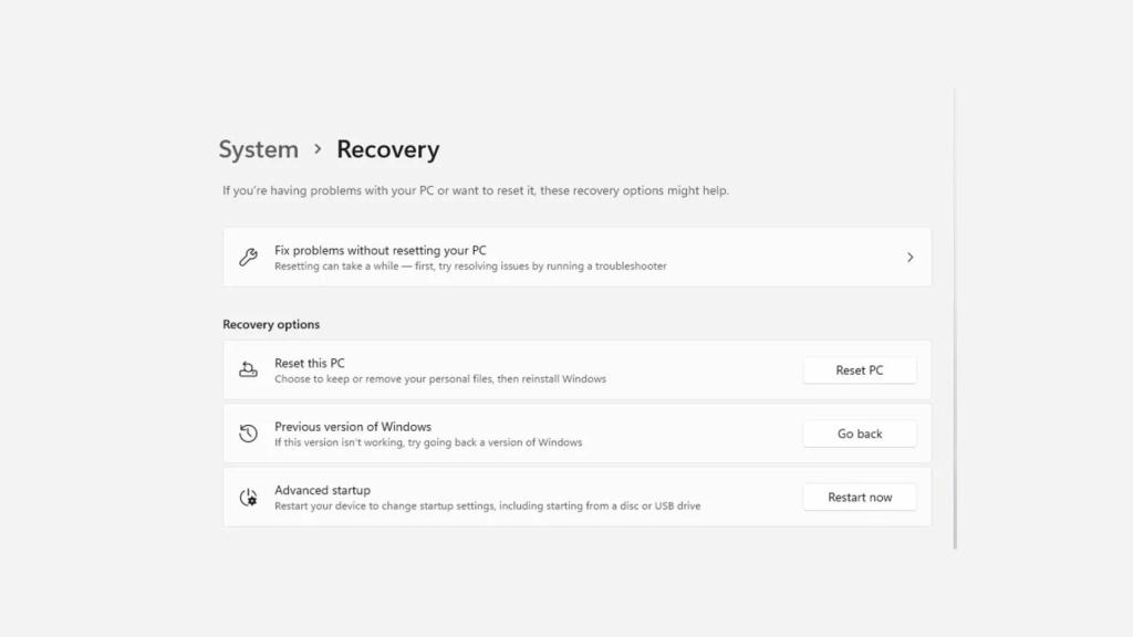 Opciones de recuperación de Windows 11.