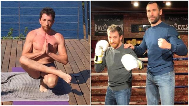 Pablo Motos meditando (izquierda) y Pablo Motos con su entrenador de boxeo, Jorge Blanco.