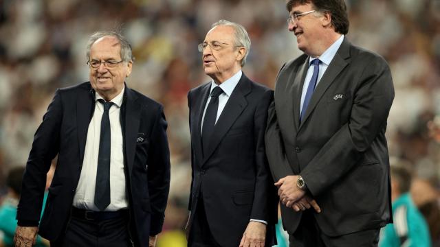 Florentino Pérez, en el césped del Stade de France.