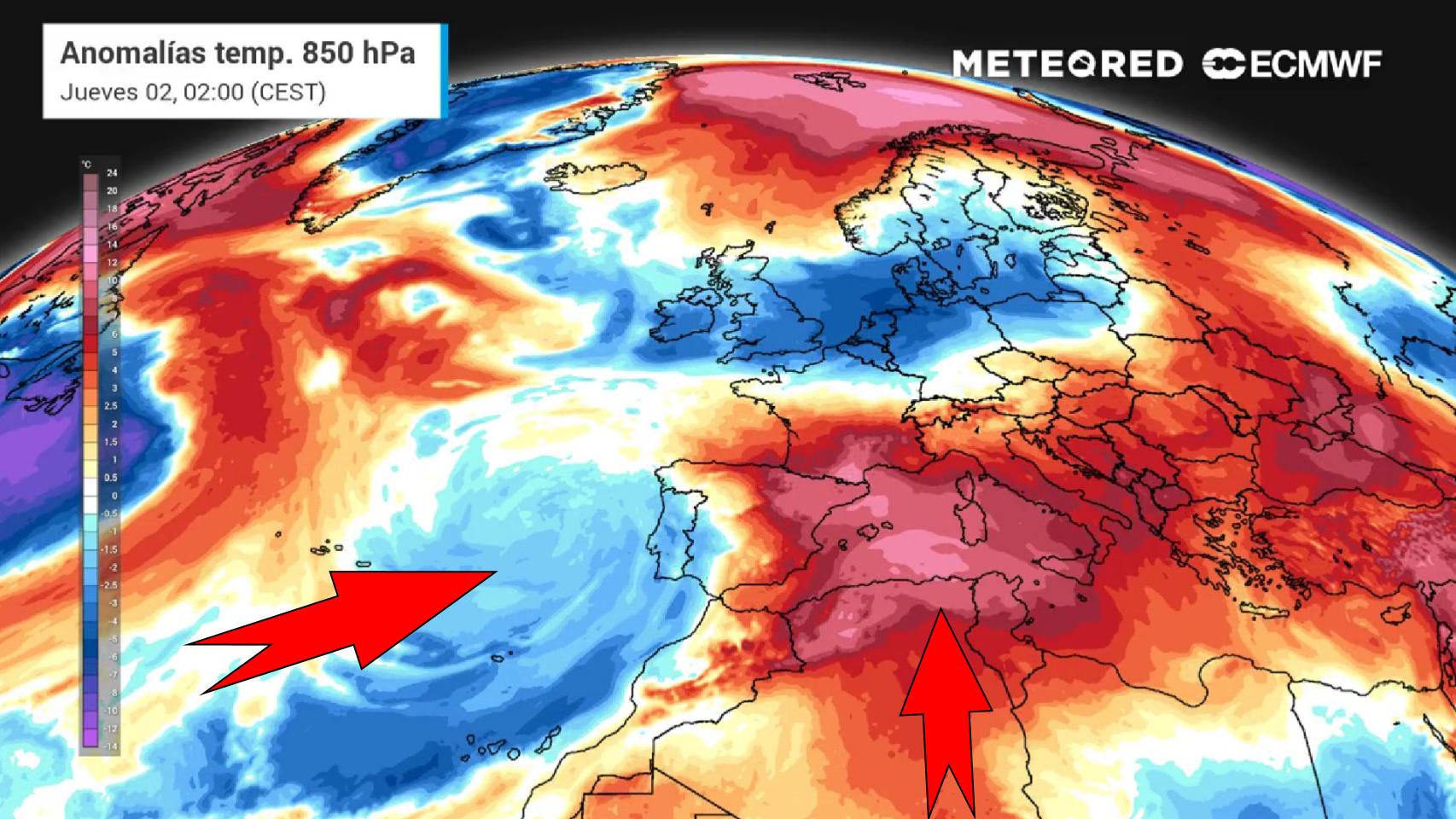 El contraste de temperaturas provocado por la borrasca al oeste y la masa de aire cálido al este. METEORED